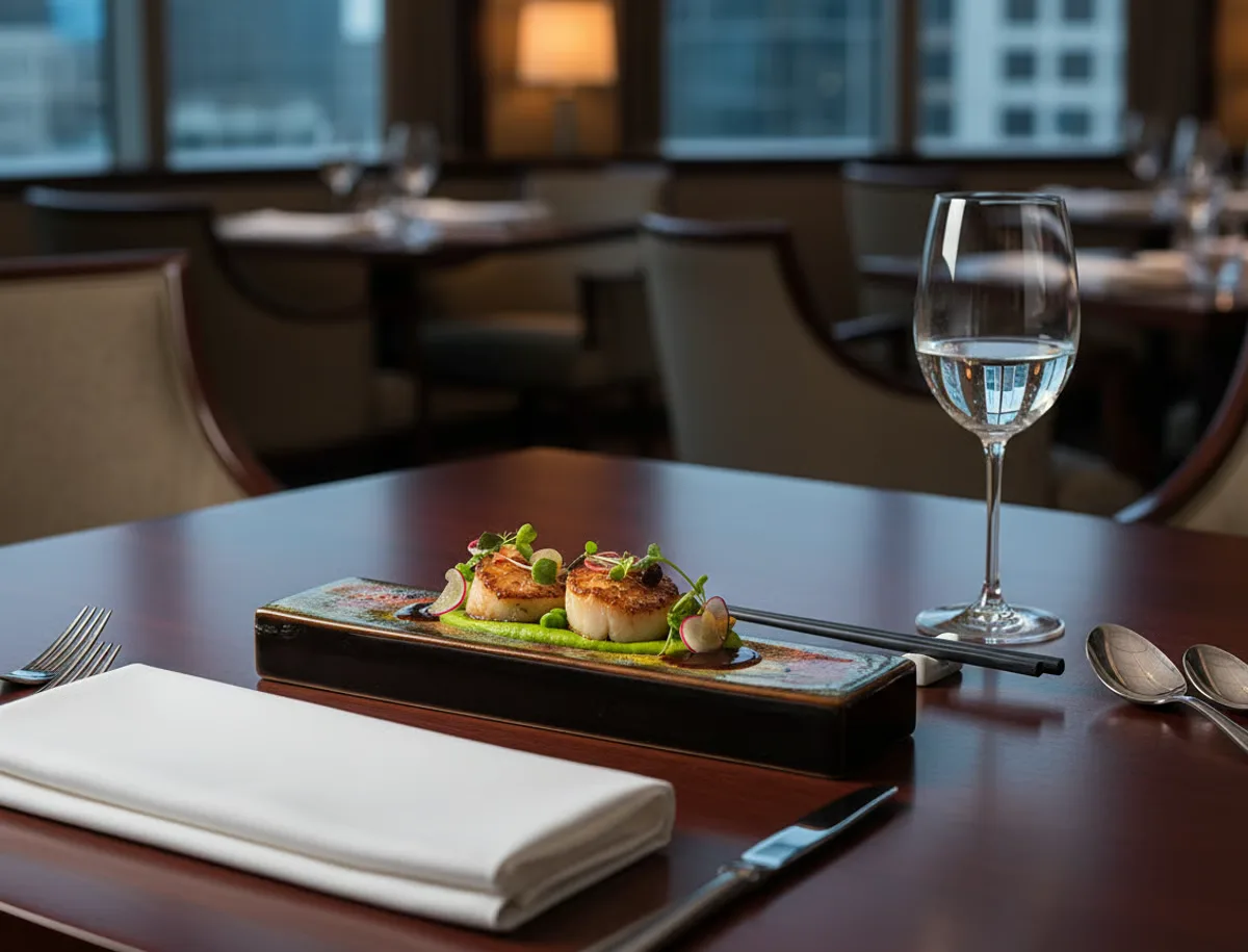 Fine-dining scallop dish on an Annamis stoneware plate