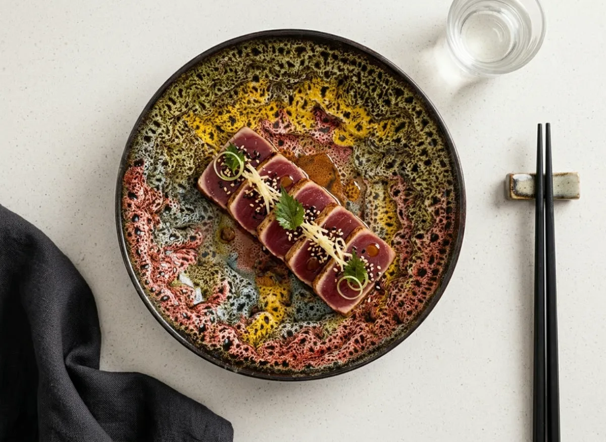 Reactive-glaze Annamis porcelain bowl with plated tuna